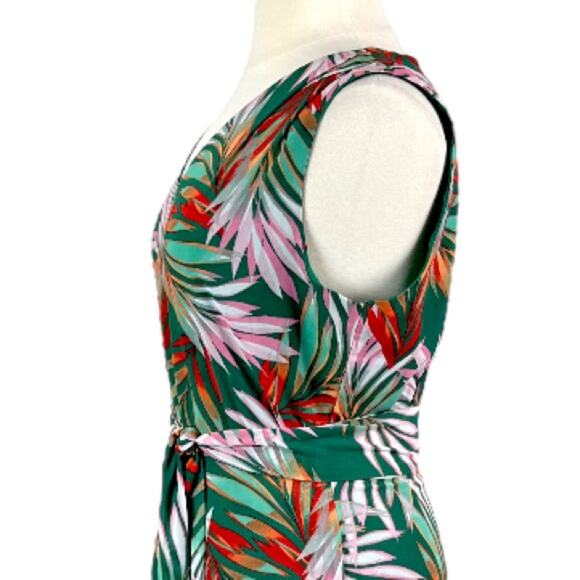 Tahari Maxi Dress V-neck Tie Waist Chiffon Green Tropical Leaf Women’s Size 16 - Picture 9 of 13